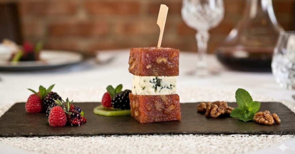 Carne de membrillo con queso azul y nueces en aperitivo sobre tabla de pizarra.