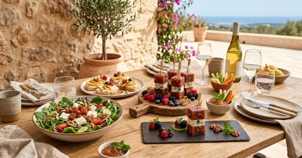 Recetas de verano con membrillo servidas en una mesa mediterránea con ensaladas frescas, aperitivos y fruta